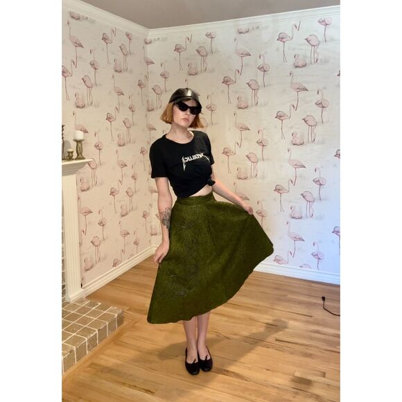 Vintage Handmade 1950s Style Forest Green Wool A-Line Skirt w/ Embroidery Detail - Picture 7 of 7